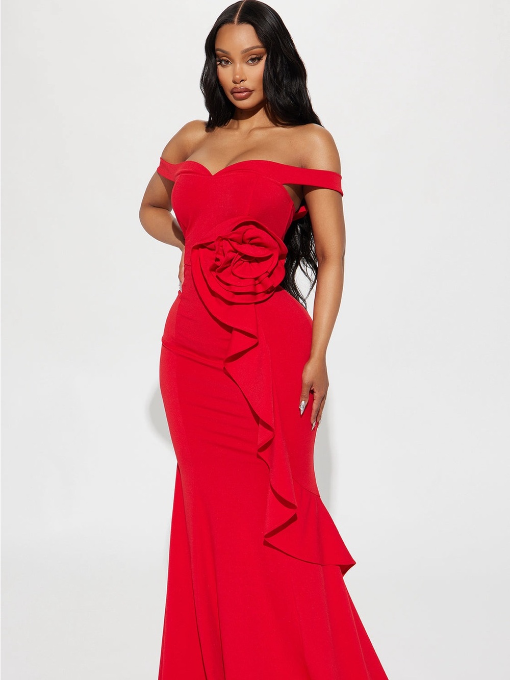 Fashion Nova Red One-Shoulder Mermaid Gown with Rosette